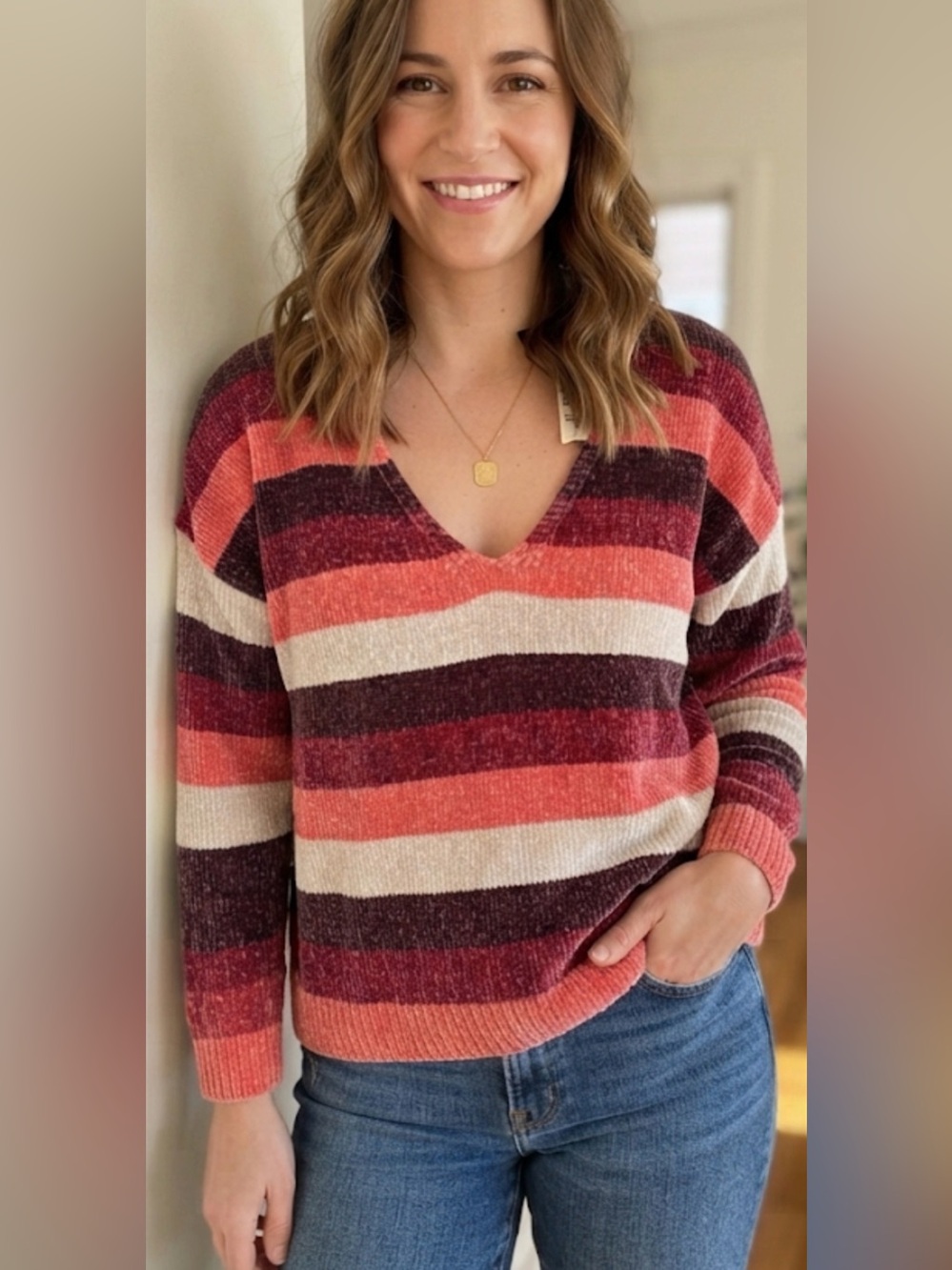 Express Striped V-Neck Sweater in Coral, Burgundy & Cream